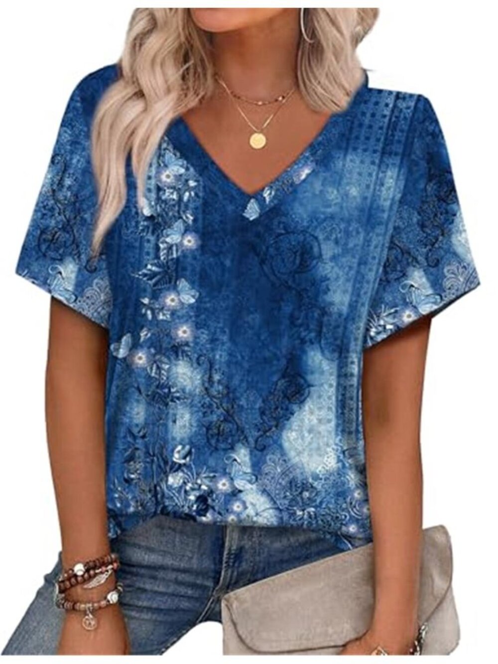 Blue Floral Butterfly Print V-Neck Short Sleeve Blouse Casual Summer Top
